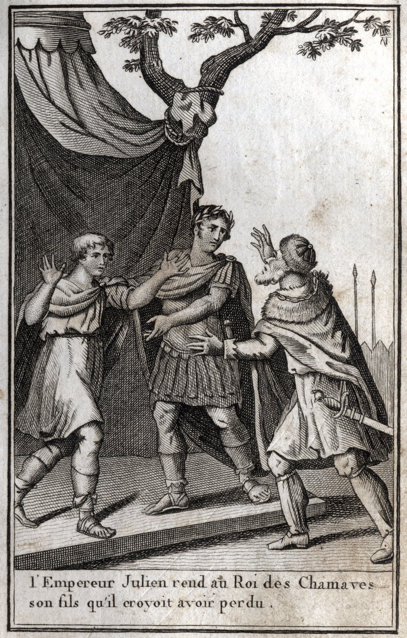 De Romeinse keizer Julianus geeft de koning van de Germaanse Chamaven zijn zoon terug die hij dacht te hebben verloren. 4e eeuw. Gravure in 