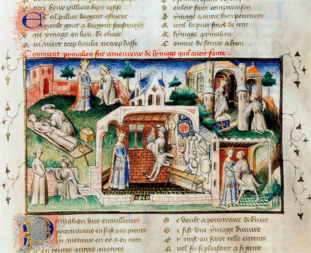 "Le Roman de la Rose": "Hoe Pygmalion verliefd werd op het standbeeld dat hij had gemaakt". Miniatuur uit de 14e eeuw. Bibliotheek van de Universiteit van Valencia. door Unknown artist