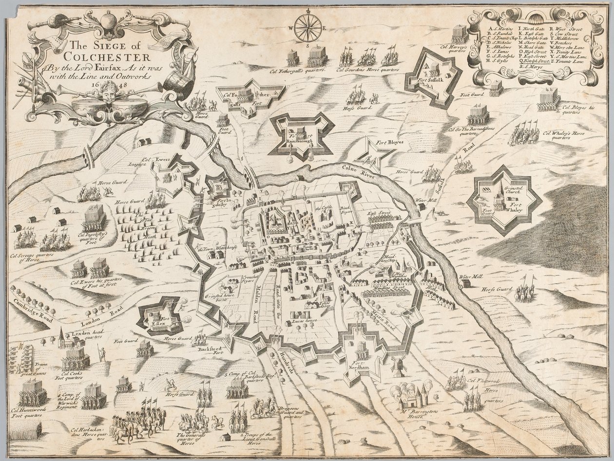 Het beleg van Colchester door Lord Fairfax, zoals het was met de linie en buitenwerken 1648 (gravure) door Unknown artist