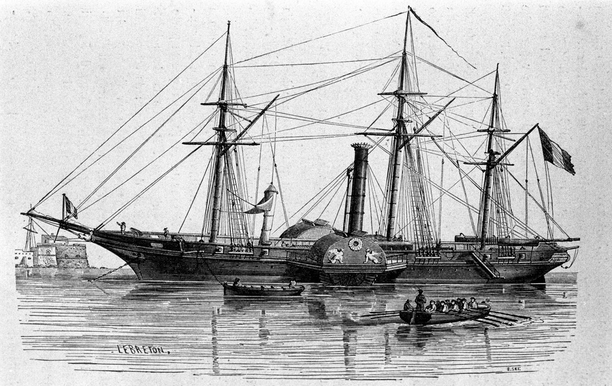 De Sfinx, de eerste stoomboot van de Franse marine gebouwd in 1830. Gravure uit de 19e eeuw door Unknown artist