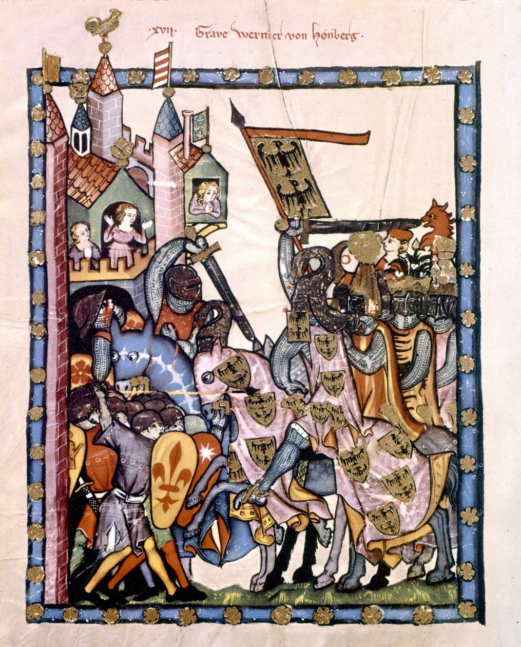 De Zwitserse dichter en ridder Graaf Werner von Homberg (1284-1320) in dienst van keizer Hendrik VII belegerde een bolwerk verdedigd door de Angevijnse troepen van Sicilië. Miniatuur van de Codex “Manesse”, of “Manessesche Liederhandschrift” door Unknown artist