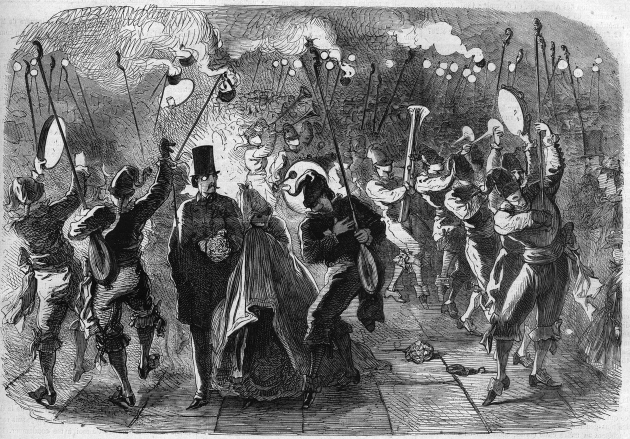 Het Venetiaanse Carnaval: Maskerade op het San Marcoplein (Piazza San Marco). Gravure in 