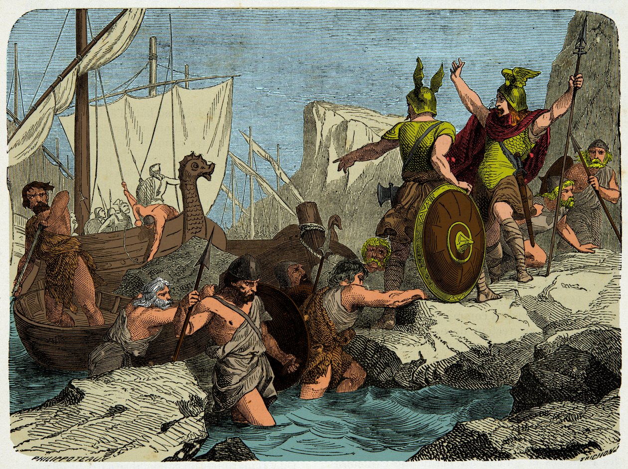 De Vikingen landen aan de Franse kust in 911, Gravure 19e eeuw door Unknown artist