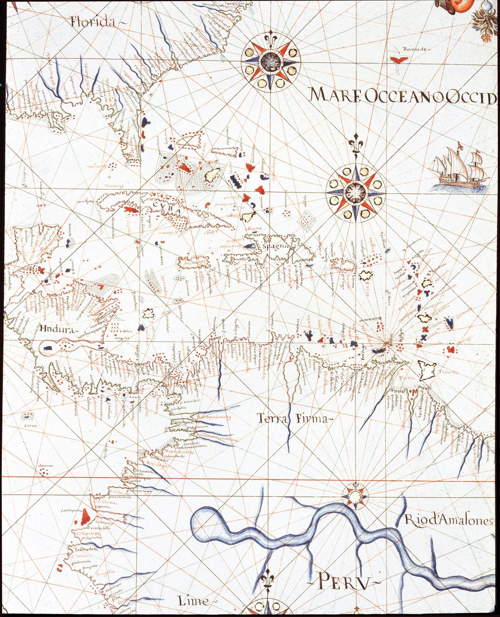 De West-Indië: Florida, Honduras, Cuba, Peru en de Caraïben (Detail van de Portulan de Castellini) door Unknown artist