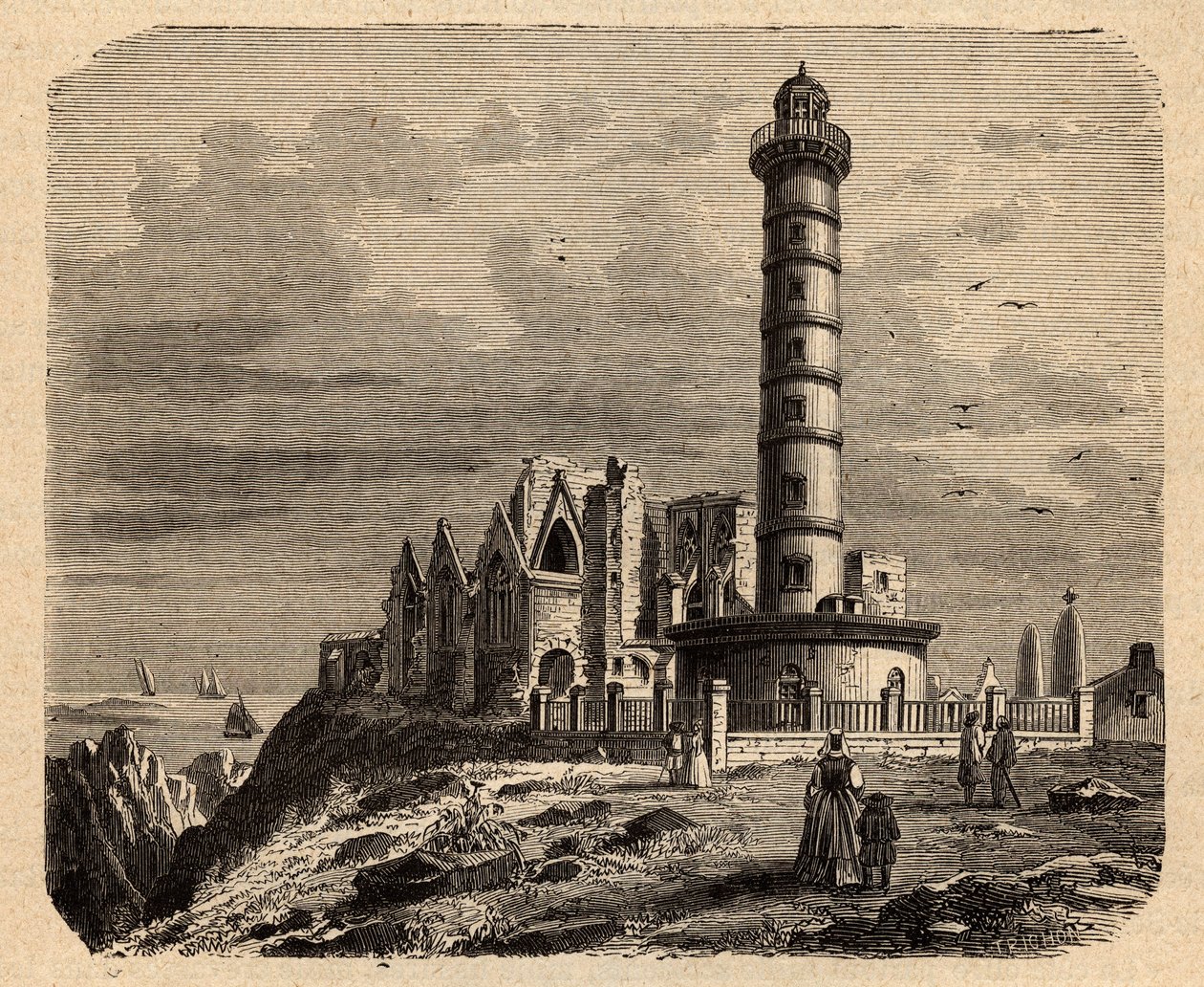De abdij Saint Mathieu de Fine Terre - Bretonse abdij - Abbaye Saint-Mathieu de Fine-Terre - gravure in 