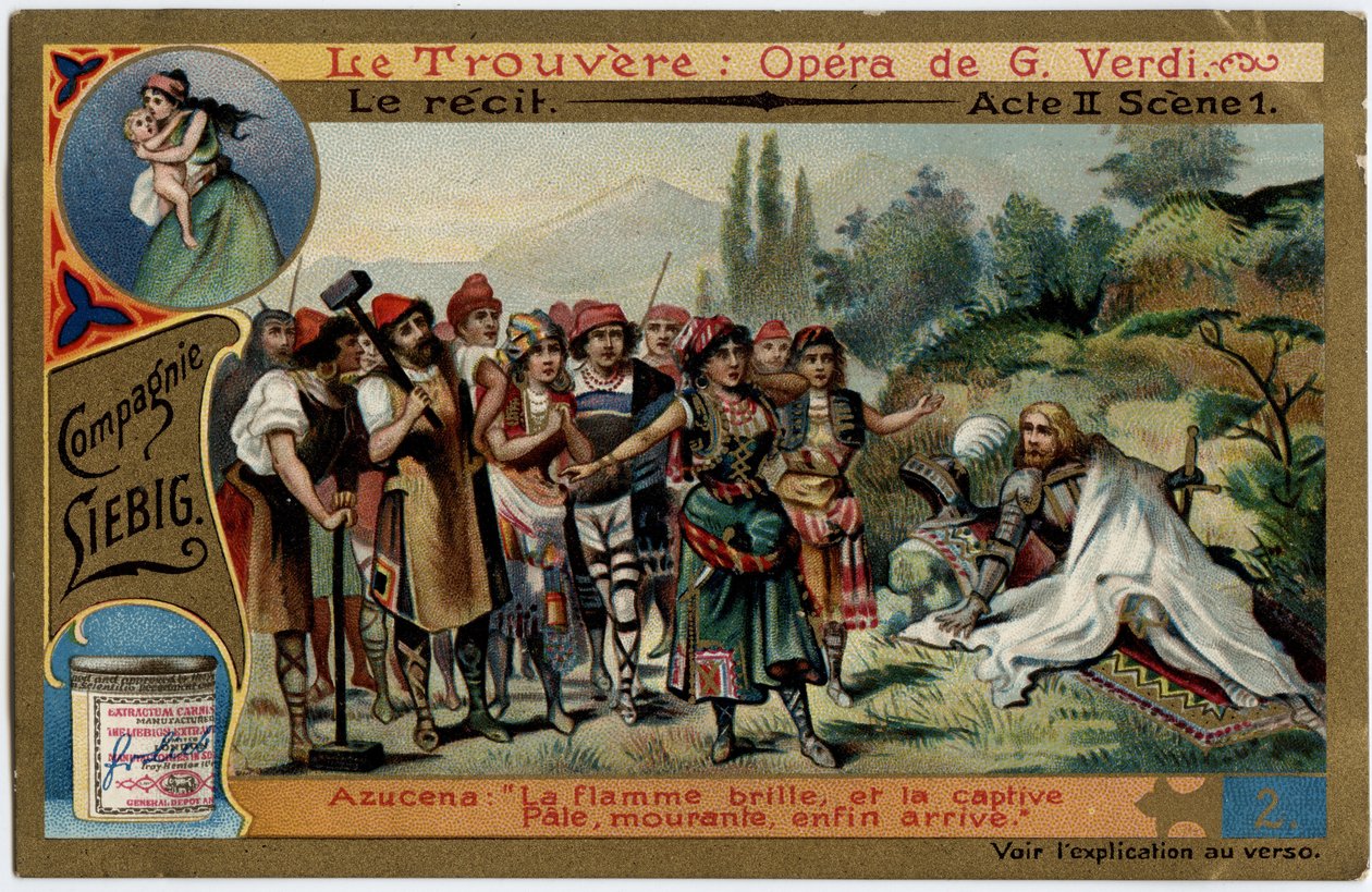 De daad II scène 1. Illustratie voor de opera Il trovatore door Giuseppe Verdi (1813-1901). Chromolithografie (Chromo) Liebig uit het einde van de 19e eeuw. door Unknown artist