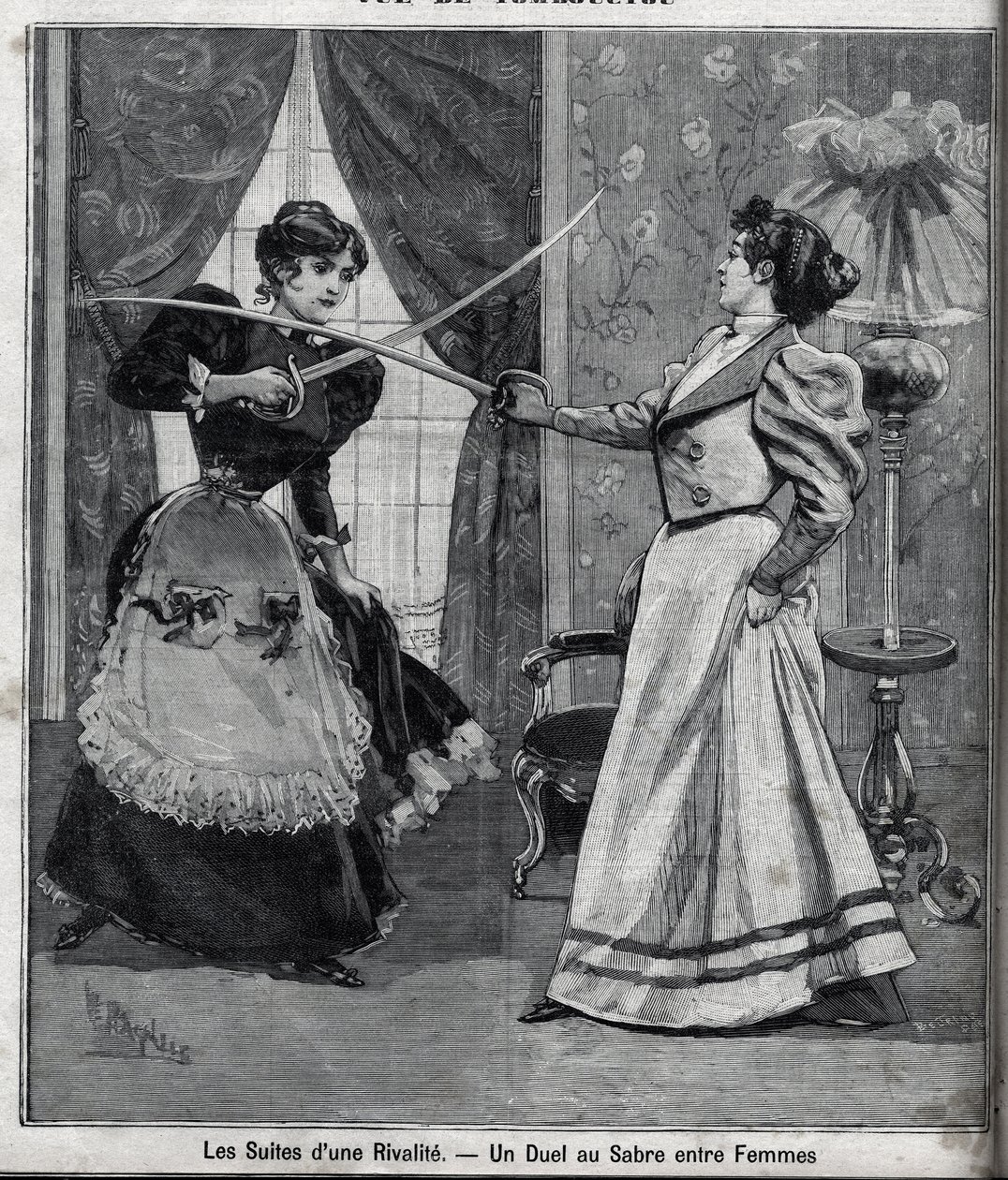 De nasleep van een rivaliteit: een zwaardduel tussen vrouwen. Gravure in 