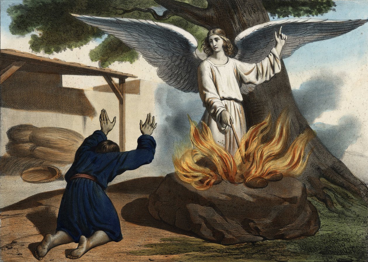 De engel verschijnt aan Gideon om het volk van Israël te bevrijden van de bezetting door de Midianieten. Anonieme gravure uit het midden van de 19e eeuw. door Unknown artist