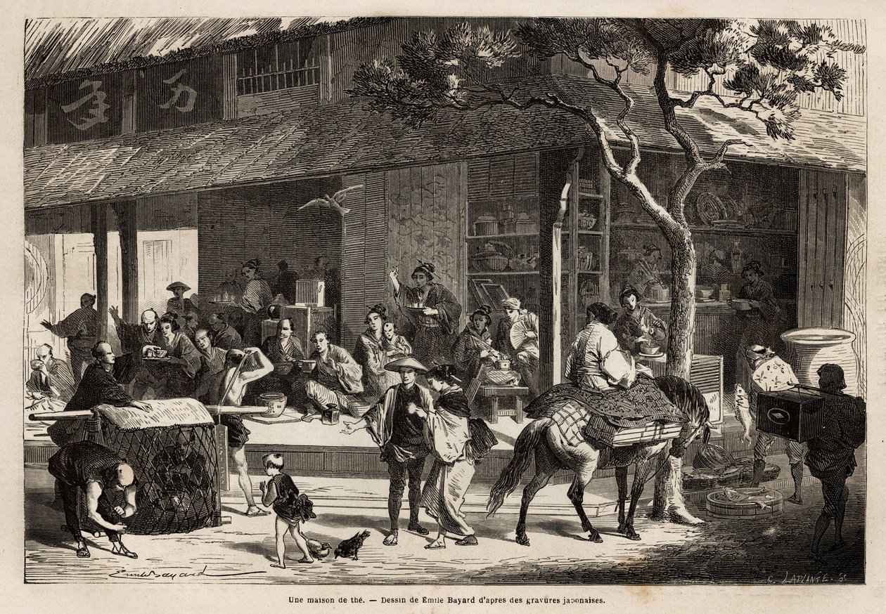 De animatie van een huis en de activiteiten van de straat. Gravure ter illustratie van de reis naar Japan, in 1863-1864, door Aime Humbert, minister van de Zwitserse Confederatie, in Le tour du monde, nouveau journal des voyages door Unknown artist