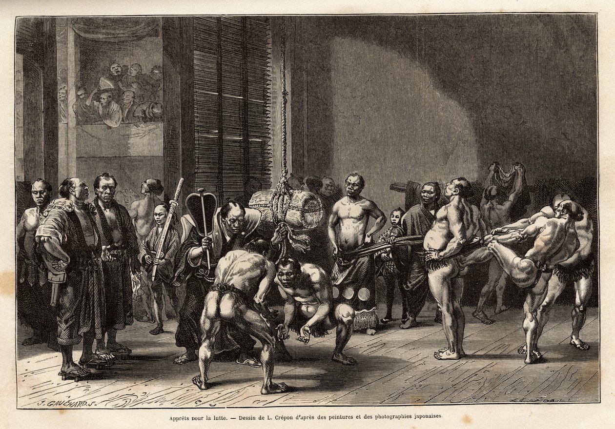 De voorbereidingen voor sumoworstelen, de atleten warmen op, strekken, worden gestyled en concentreren zich voor het gevecht. Gravure ter illustratie van de reis naar Japan, door Aime Humbert, minister van de Zwitserse Confederatie, in 1863-1864, gepublice door Unknown artist