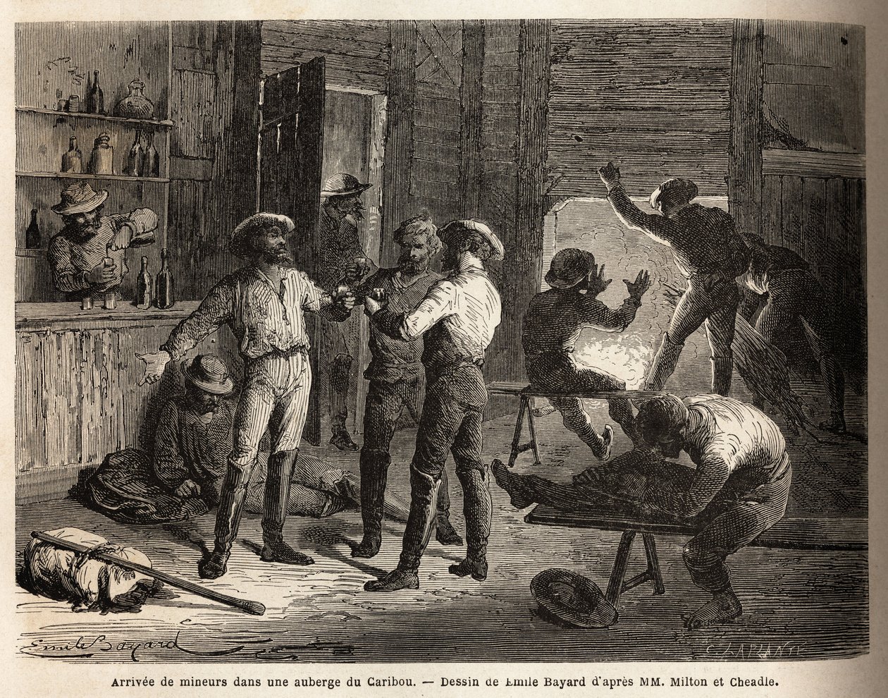 De aankomst van mijnwerkers in een Caribou herberg (Canada), scènes van ontspanning en hereniging, onder het genot van een drankje. Gravure ter illustratie van de reis van de Atlantische naar de Stille Oceaan (route du nord ouest par les terres), in 1862-1 door Unknown artist