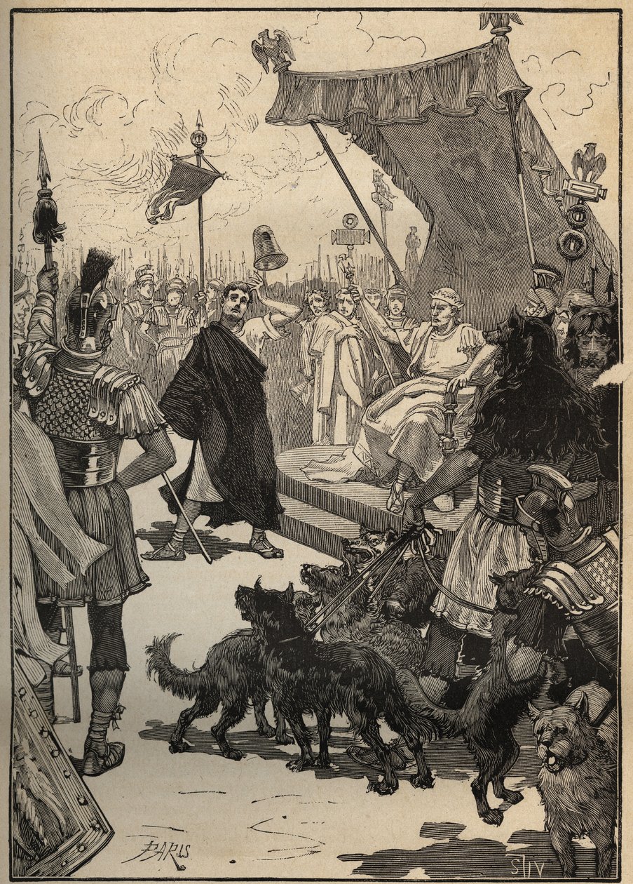 De kunst van glas: glas gehard in het oude Rome. Een ambachtsman gooit een glazen vaas tegen platen en het object breekt niet tot verbazing van de toeschouwers, waaronder keizer Tiberius (Tiberio Claudio Nerone, 42 v.Chr.-37 n.Chr.). Gravure uit 1885 in “L door Unknown artist