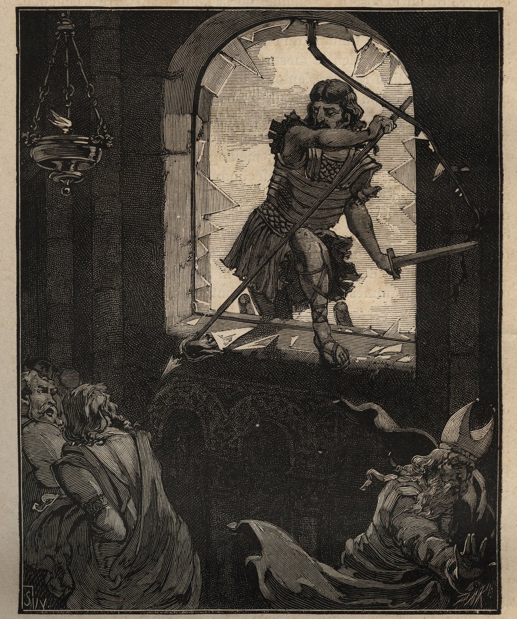 De kunst van glas: geschilderde glas-in-loodramen. Soldaten van Theodorik breken een glas-in-loodraam om de kerk van Brioude (Haute Loire) binnen te komen in 521. Gravure uit 1885 in 