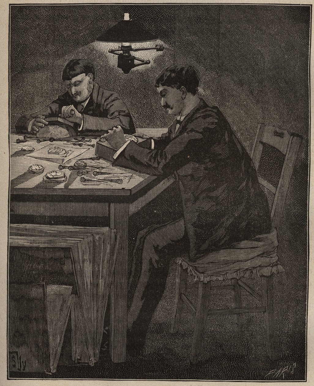 De kunst van de edelsteenbewerking: graveren van cameeschelp. Gravure uit 1885 in 