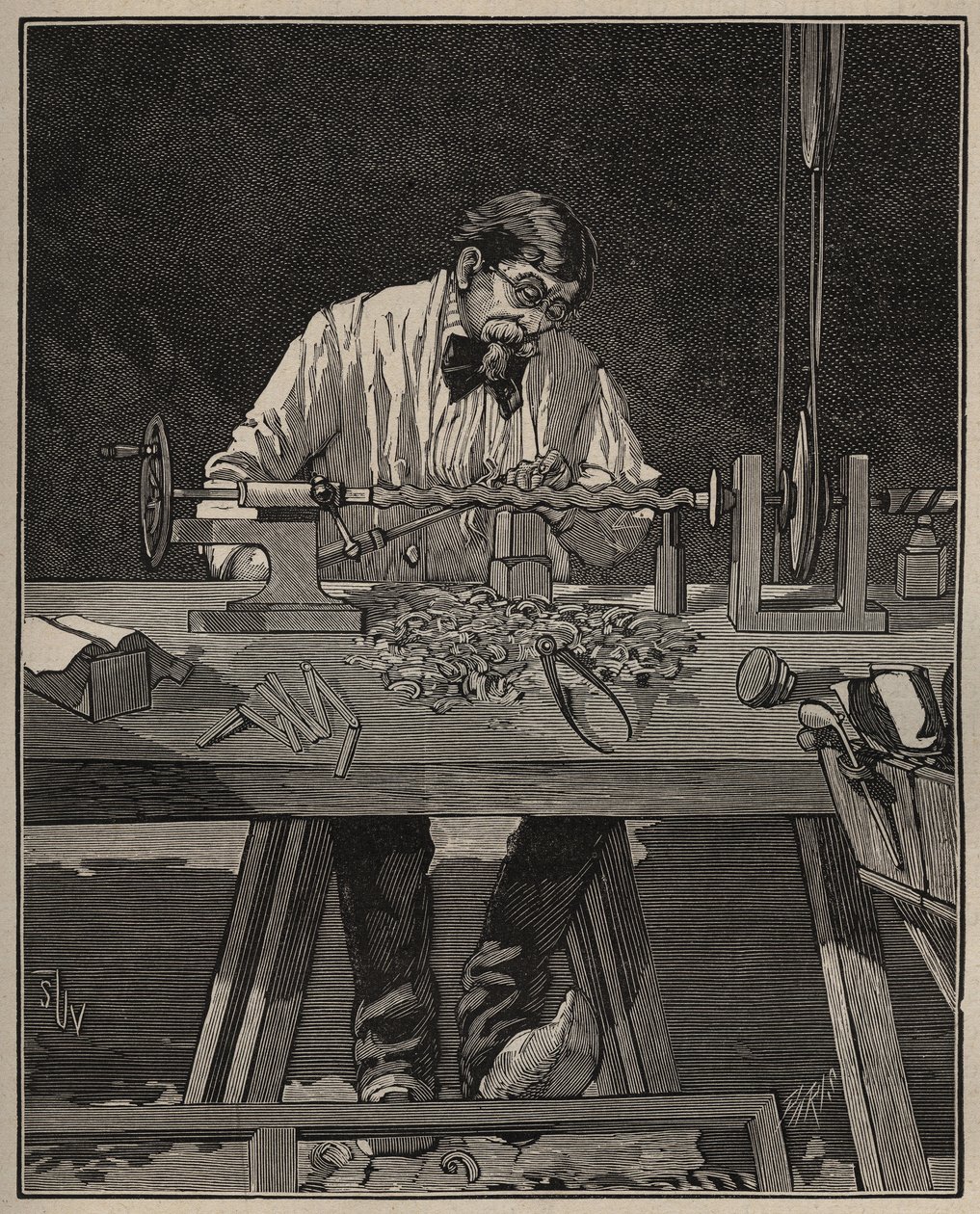 De kunst van de draaibank: het vormen van een torso kolom. Gravure uit 1885 in 
