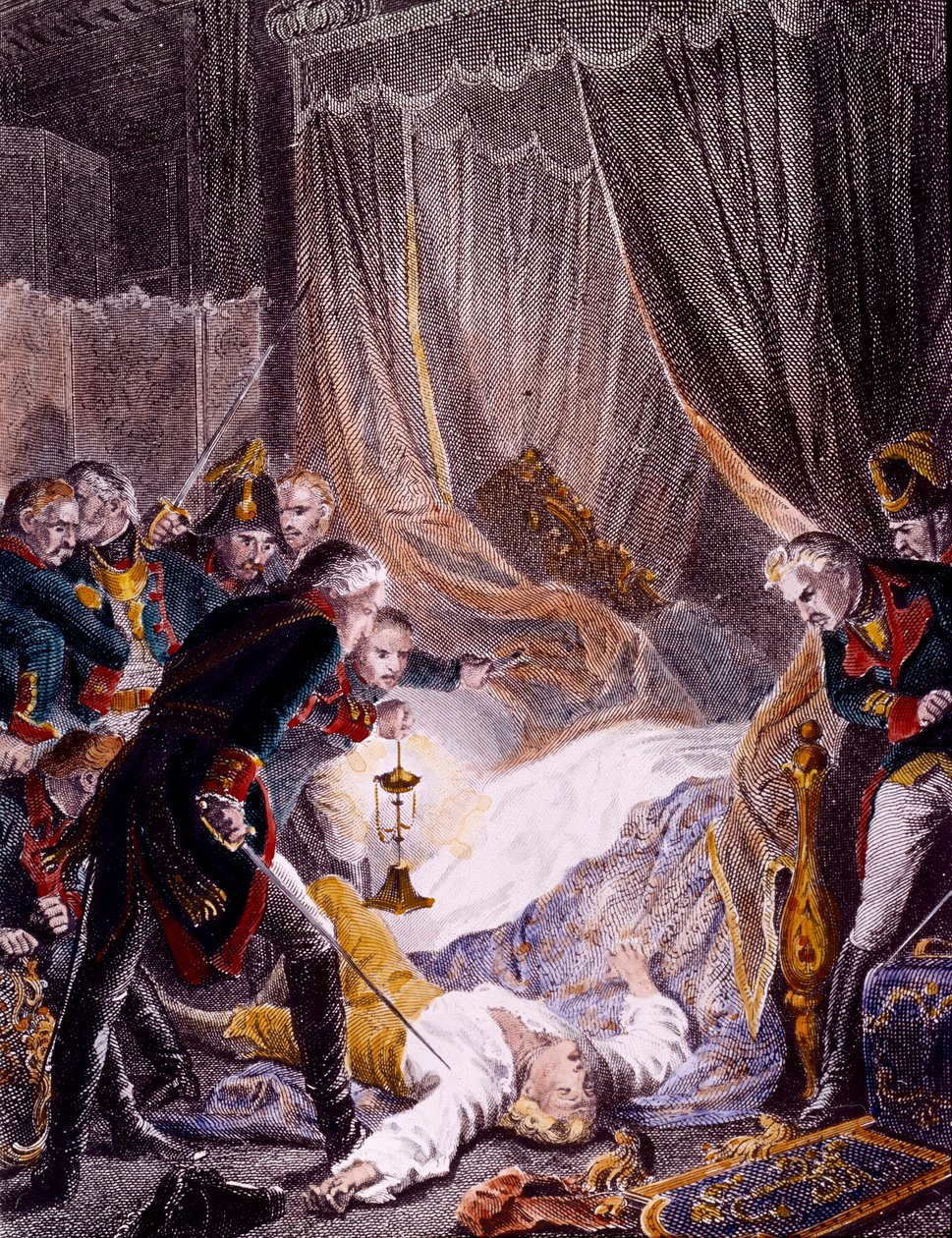 De moord op Paul I Petrovich (1754-1801), Russische tsaar in zijn kamer in het Sint-Michielspaleis door Unknown artist