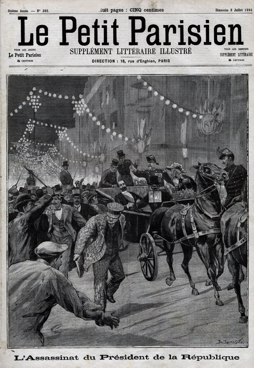 De moord op de president van de republiek Sadi Carnot (1837-1894) door de Italiaanse anarchist Sante Caserio op 24 juni door Unknown artist