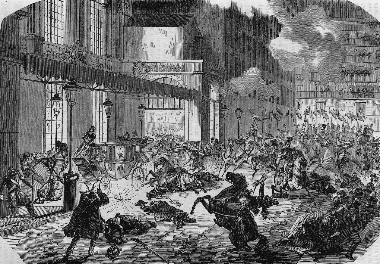 De aanval door de Italiaanse revolutionair Felice Orsini (1819-1858) tegen Napoleon III. Parijs. door Unknown artist