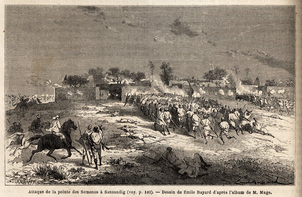 De aanval op Sansandig door het leger van koning Ahmadou (Toucouleur), waar gevluchte Bambara hun toevlucht zochten. Gravure ter illustratie van de reis naar West-Soedan van luitenant (marine) M.Mage, in 1863-1866, gepubliceerd in 