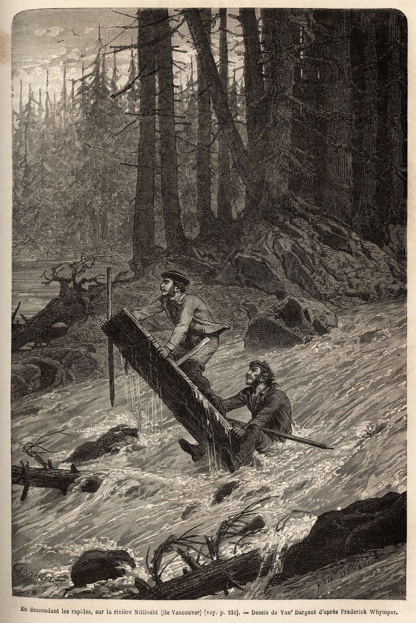 De auteur en zijn reiziger, Mcdonald, die de stroomversnellingen op de Nittinaht-rivier (Vancouver Island) afdalen op een geïmproviseerd vlot. Gravure ter illustratie van de reis en avonturen in Engels Colombia, Vancouver Island en Alaska, door Frederick W door Unknown artist