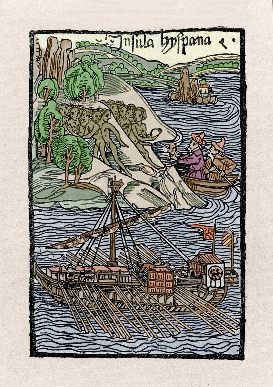 De ontscheping op Hispaniola door Christoffel Columbus (1451-1506). Gravure uit 