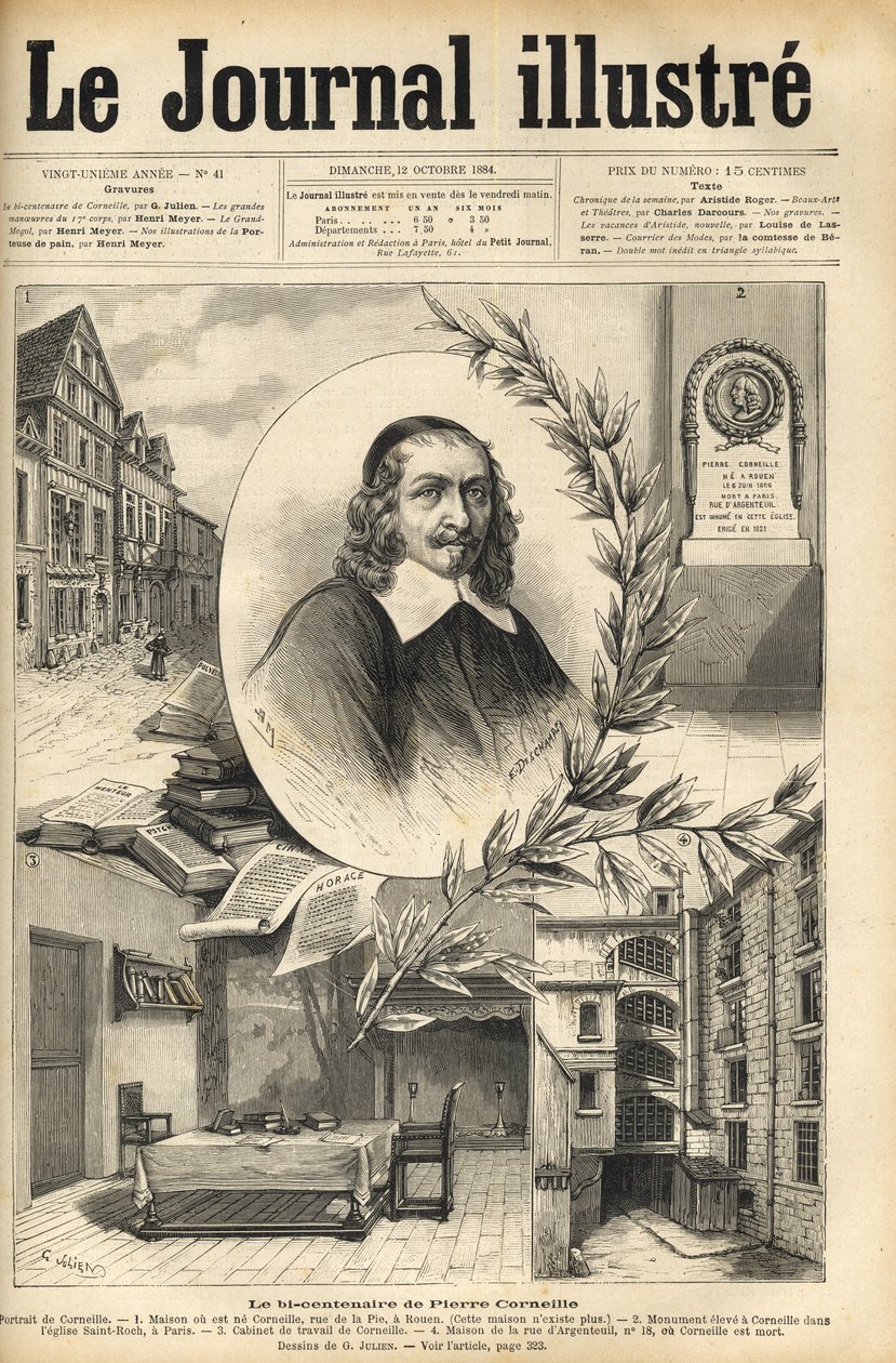 Het tweehonderdjarig bestaan van Pierre Corneille - Le bicentenaire de Pierre Corneille - gravure in Le journal illustré van 1884 door Unknown artist