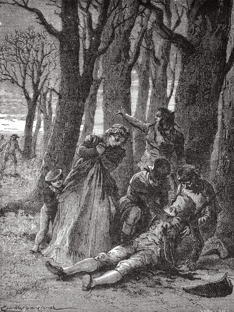 Het lichaam van Philippe Lebon (1769 - 1804), doorboord met dertien steken op de Champs-Elysées, wordt opgehaald op de ochtend van 3 dec. 1804 - in 