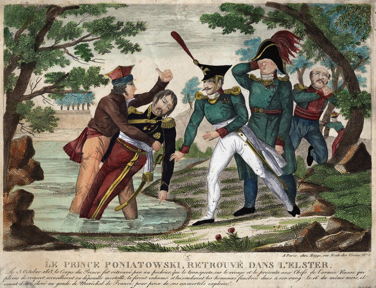 Het lichaam van Prins Joseph (Jozef) Antoni Poniatowski (overleden 1763) gevonden in de Eelster Rivier op 23 oktober 1813, gravure van de tijd door Unknown artist