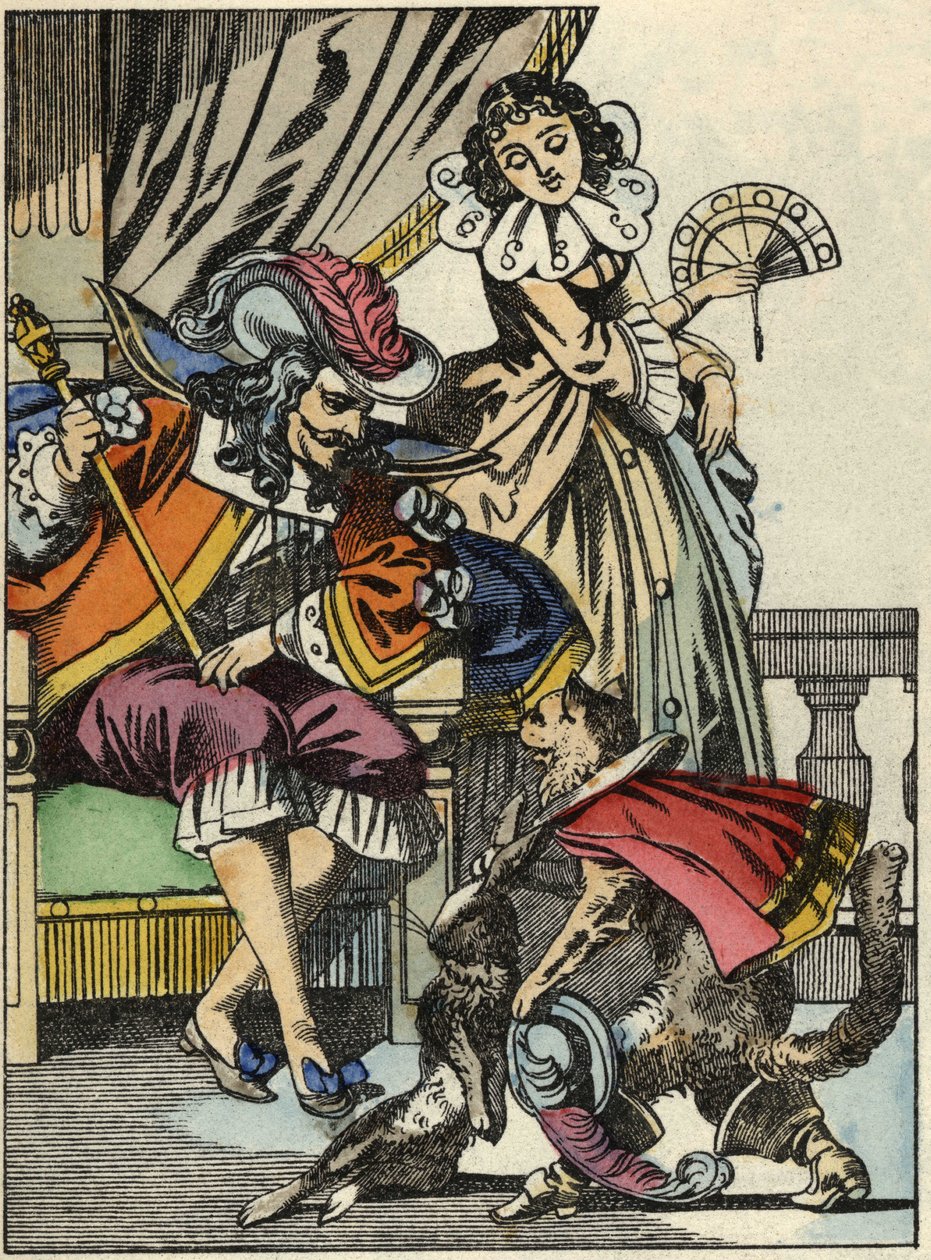 De gelaarsde kat biedt het konijn aan de koning aan van zijn meester, de Markies van Carabas. Illustratie van het sprookje 