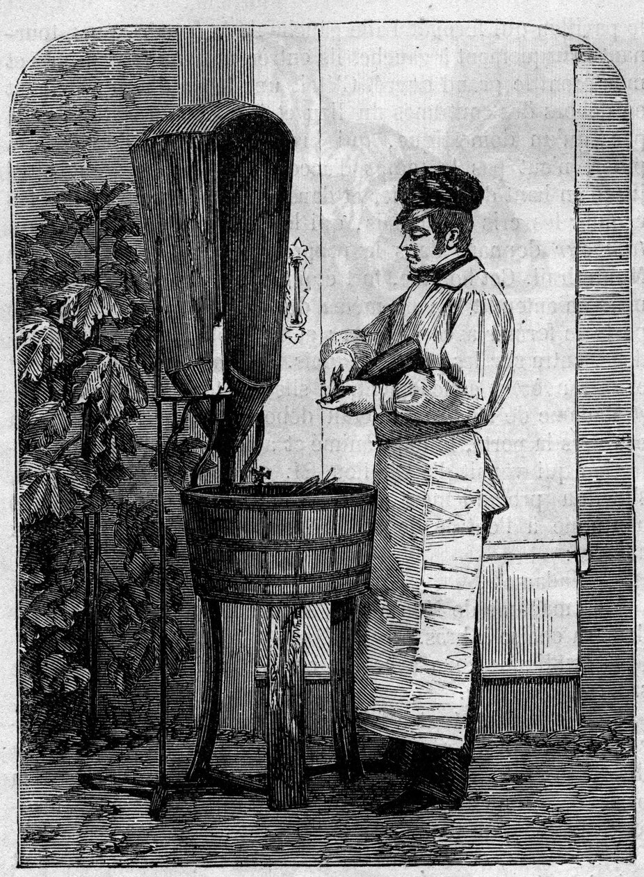 Het bottelen van Champagnewijn. Gravure uit 1864. door Unknown artist