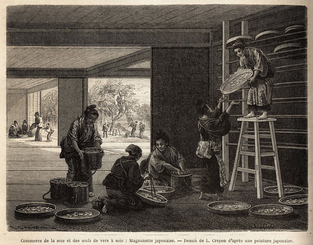 De kweek en handel van cocons van zijderupsen: een magneerie voor sericultuur, met op de achtergrond de teelt van moerbeibomen, onmisbaar voor het voeden van bombyx. Gravure ter illustratie van de reis naar Japan, door Aime Humbert, minister van de Zwitser door Unknown artist