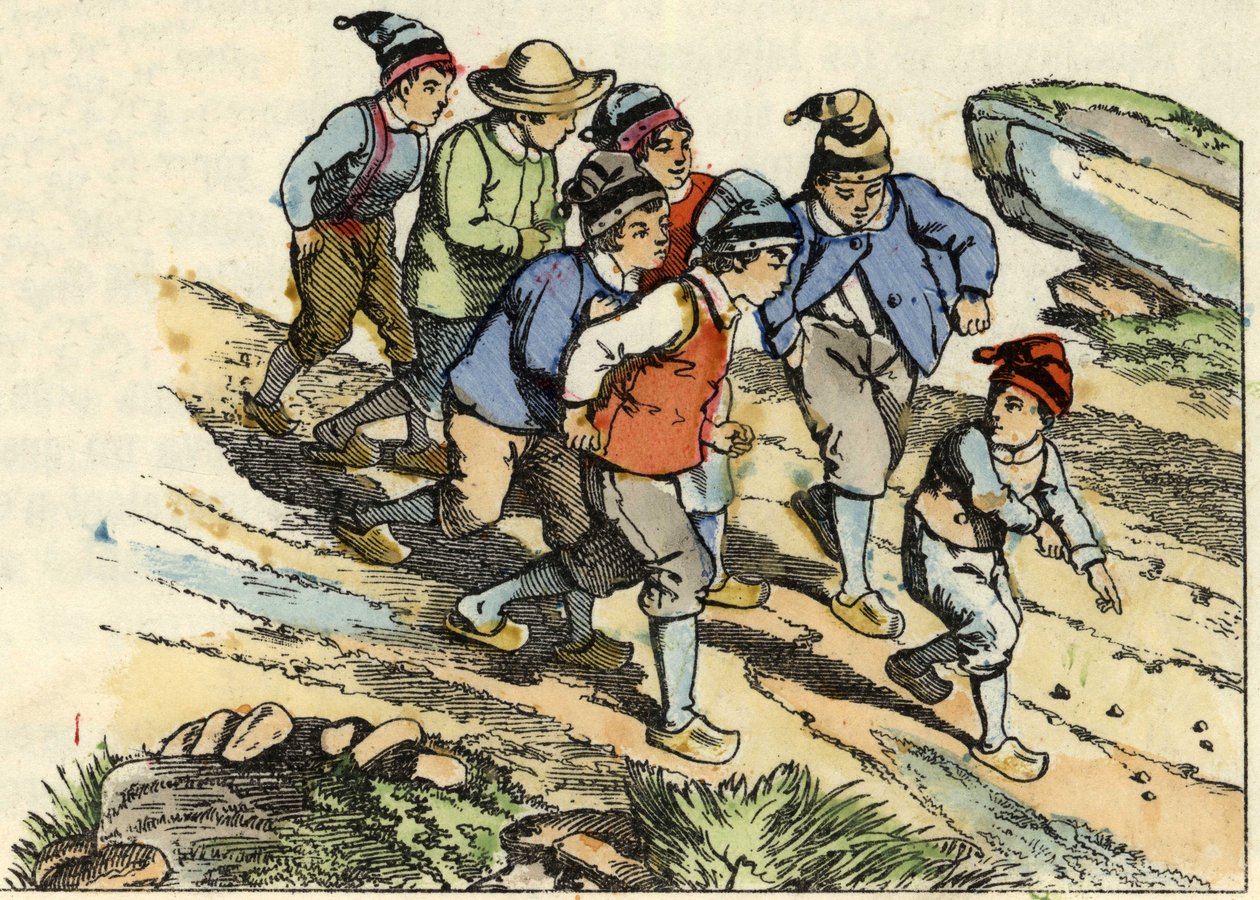 De broers volgen de Kleine Duim die witte kiezelstenen op de weg strooide (illustratie van het sprookje 