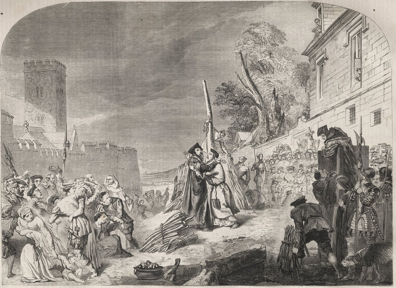 De verbranding van bisschoppen Nicholas Ridley en Hugh Latimer op de brandstapel bij de poorten van Balliol College, Oxford, Engeland door Unknown artist