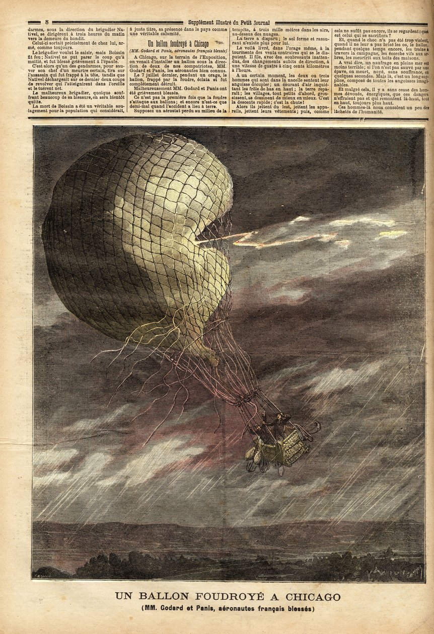 De gevangen ballon (gevangen ballon) van de Franse heren Godard en Panis, slachtoffer van een ongeluk veroorzaakt door de storm op 7 juli, op het terrein van de Wereldtentoonstelling in Chicago, tijdens de vlucht werd de ballon geraakt en geraakt, waarbij  door Unknown artist
