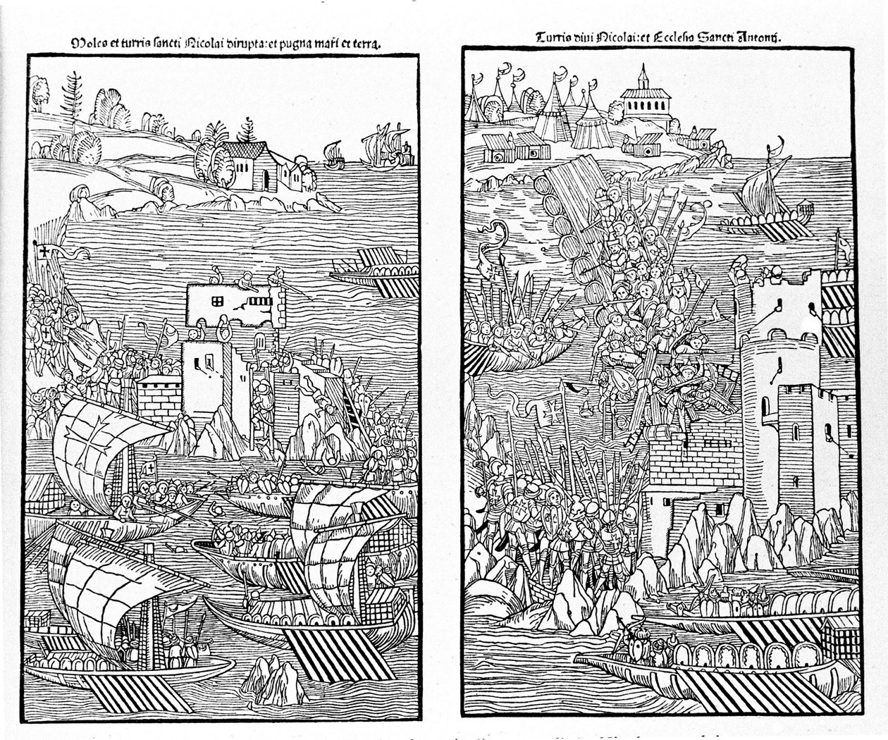 De verovering van Rhodos door de Turken in 1522. De Turken vallen het fort van St. Nicolaas aan. Houtsnede. door Unknown artist
