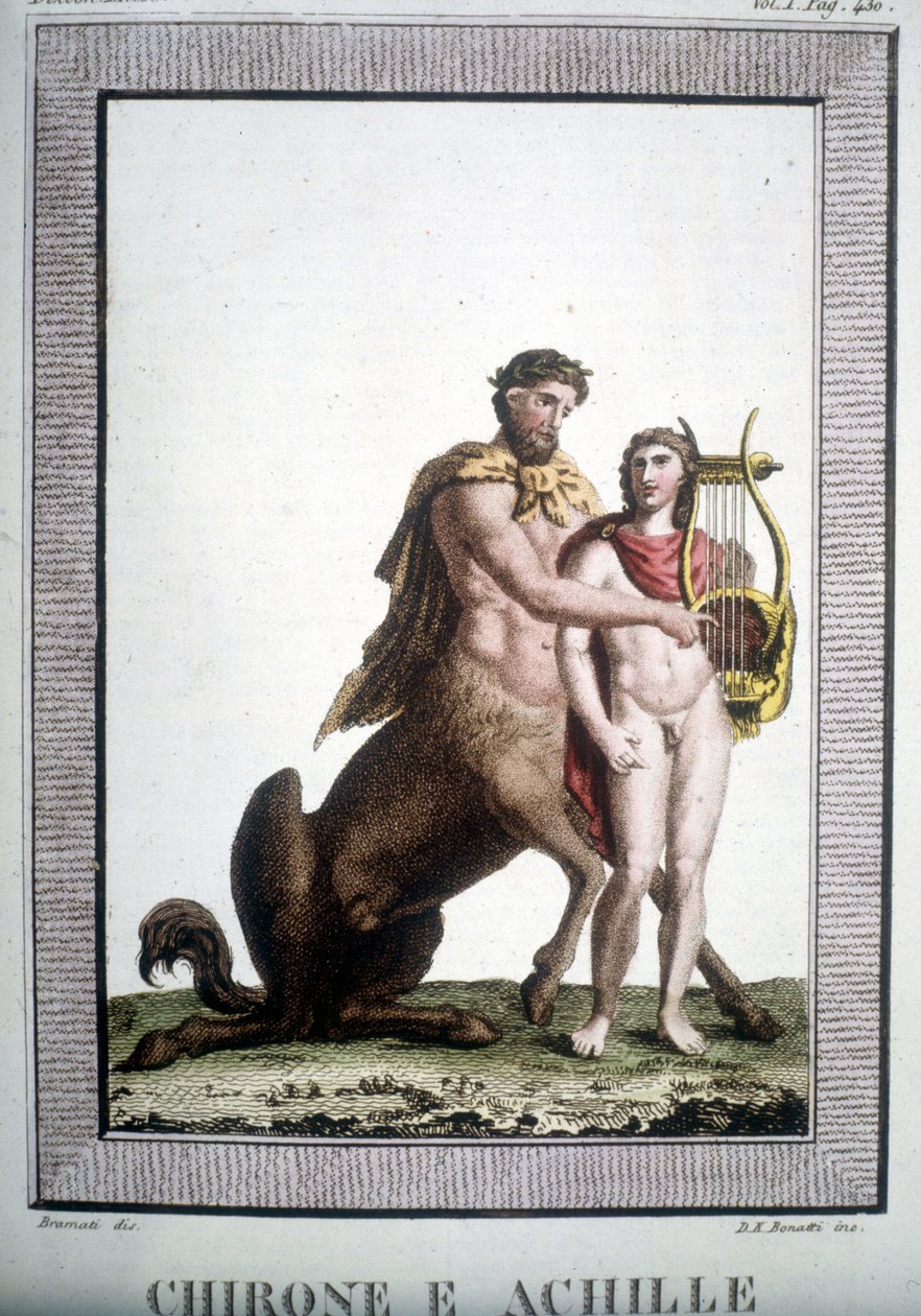 De centaur Chiron en Achilles - in Dizionario mitologico door Unknown artist