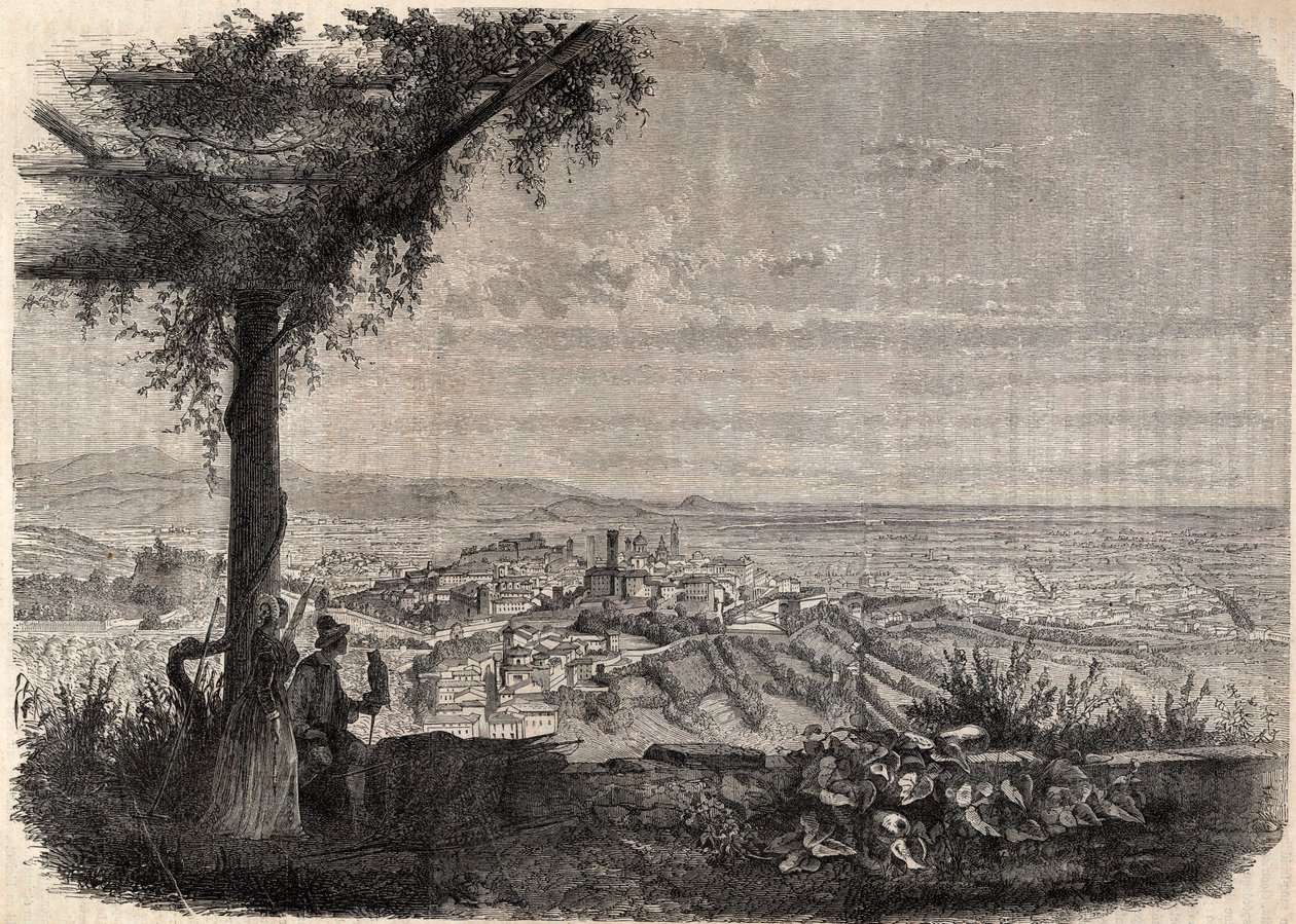 De stad Bergamo rond 1858 - gravure door Unknown artist