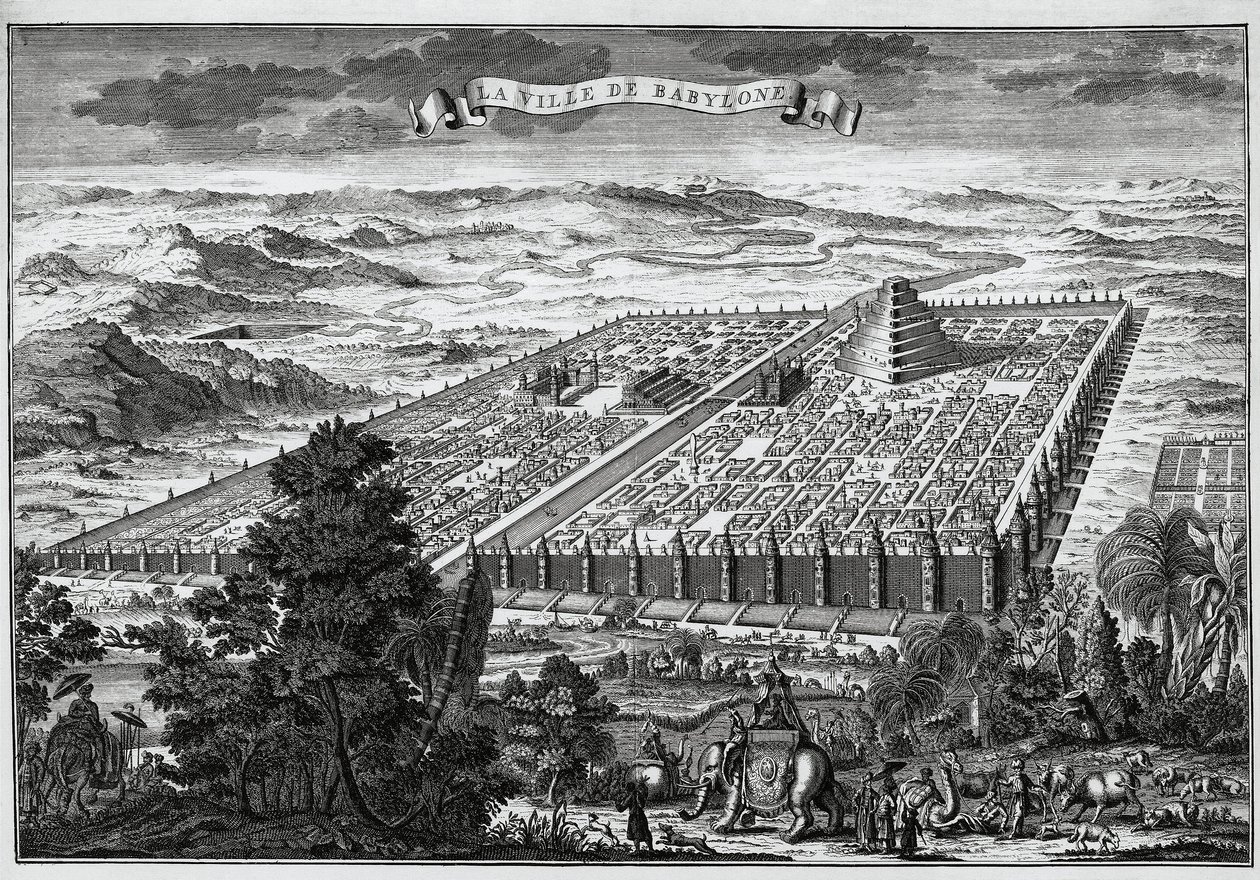 De stadsmuren van Babylon omringen de hangende tuinen en de toren van Babel door Unknown artist