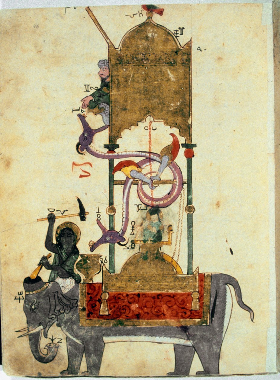 De clepsydra van de olifant. Dit is een middeleeuwse islamitische uitvinding bestaande uit een olifantvormige waterklok ontworpen door de Turkse ingenieur Ibn al-Rajjaj al-Jazari rond 1200. door Unknown artist