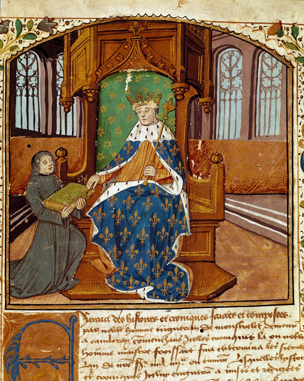 De kroniekschrijver Enguerrand de Monstrelet (1400-1453) schenkt zijn boek aan koning Karel VII (1403-1467). Miniatuur uit 