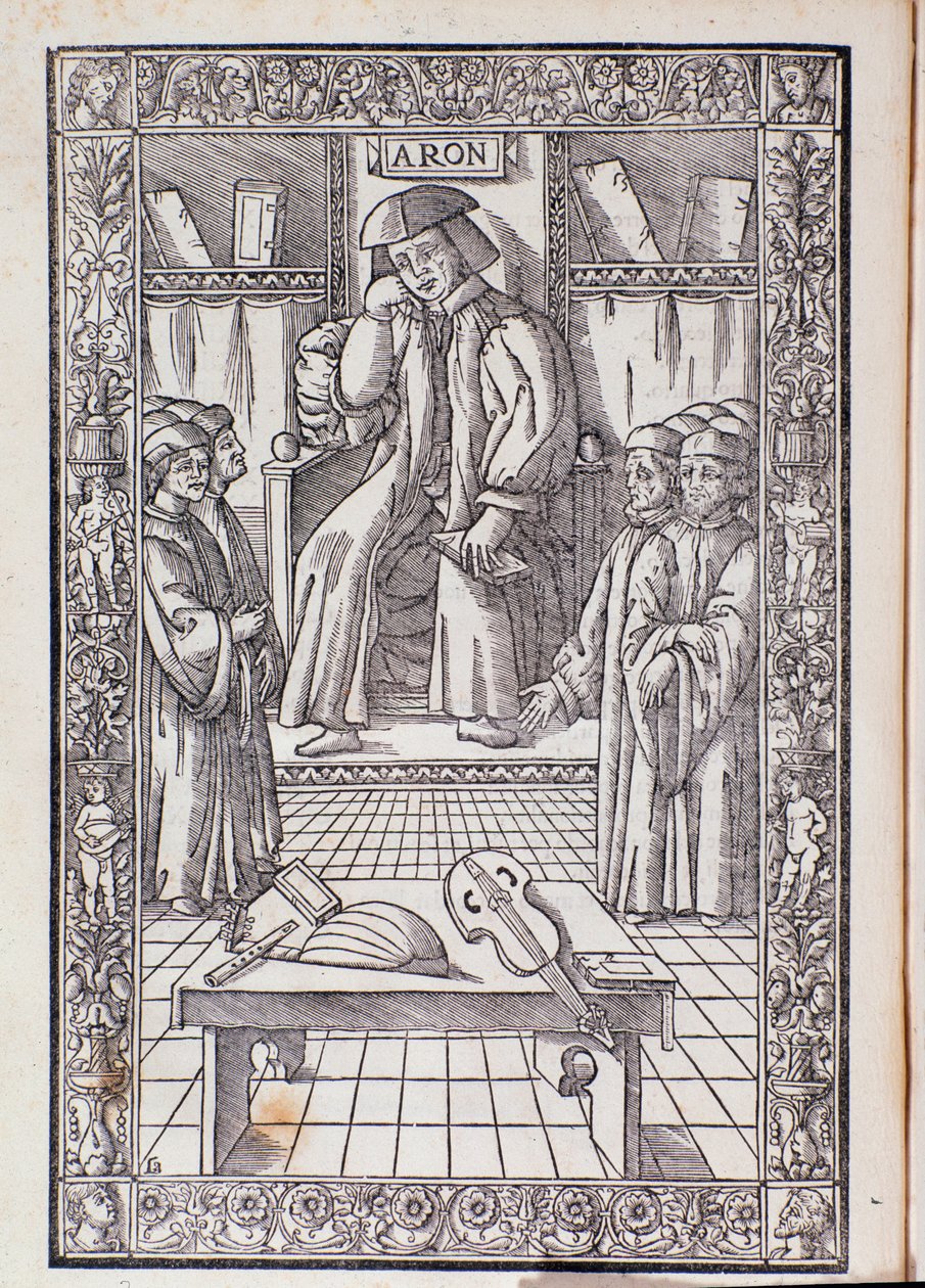 De componist en muziektheoreticus Pietro Aaron als voorzitter onder zijn studenten. Illustratie uit Toscanello in musica door Unknown artist
