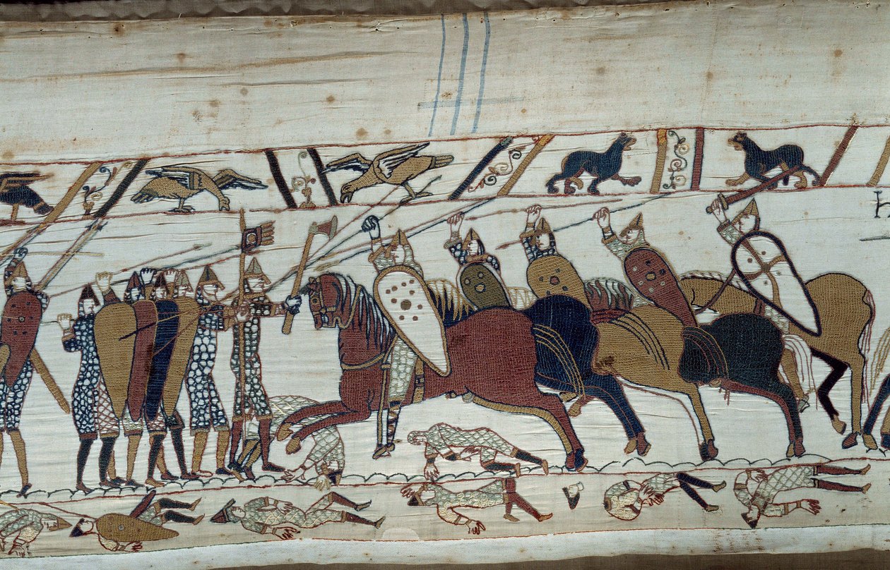 De verovering van Engeland door de Hertog van Normandië Willem de Veroveraar (1027-1087) in 1066: scène van de slag bij Hastings tussen de Normandische infanterie en de Saksische cavalerie Detail van het tapijt van Bayeux of Borduurwerk van Koningin Mathil door Unknown artist