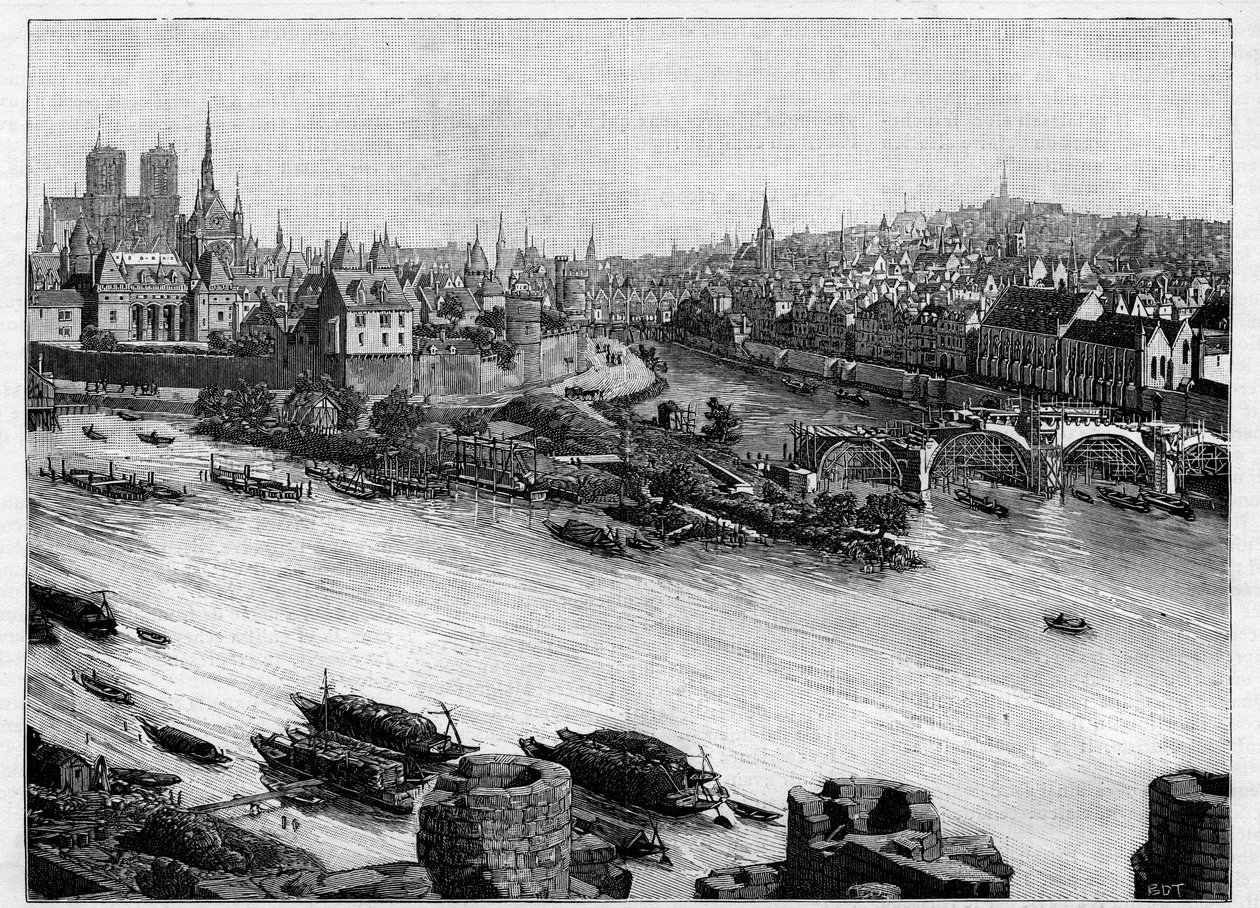De bouw van de Pont Neuf in Parijs die door het Square du Vert-Galant aan het einde van het Ile de la Cité loopt. De eerste werken in 1578. Gravure in "Le Monde illustré" door Unknown artist
