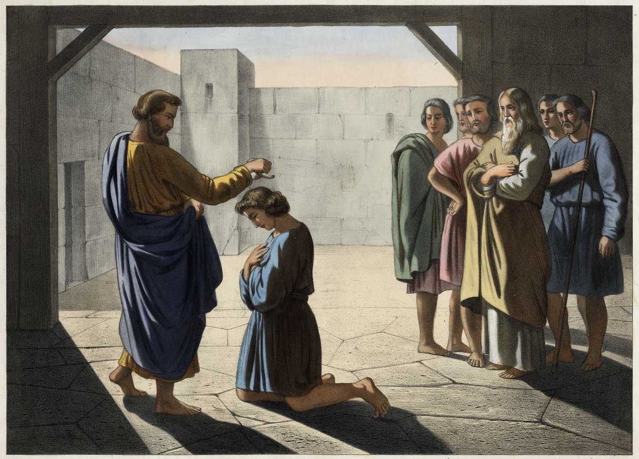 De kroning van David: Samuel wijst David aan als koning van Israël. Anonieme gravure uit de 19e eeuw. door Unknown artist