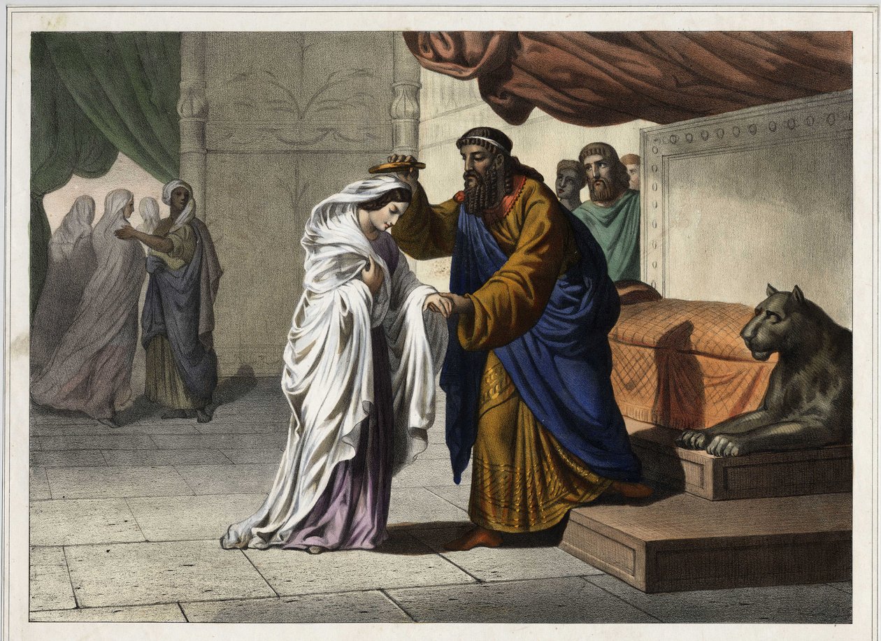 De kroning van Esther: Perzische koning Assuerus I (Xerxes I) kroont zijn vrouw Esther. Anonieme gravure uit de 19e eeuw. door Unknown artist