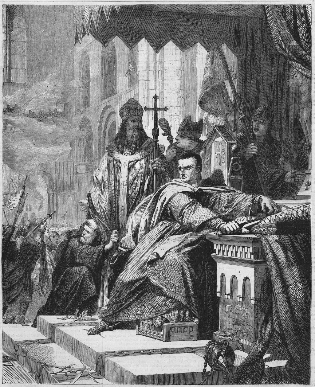 De kroning van Willem I de Veroveraar (1027 - 1087) in 1066. Hertog van Normandië (1035 - 1087) en Koning van Engeland (1066 - 1087). Gravure uit de 19e eeuw door Unknown artist
