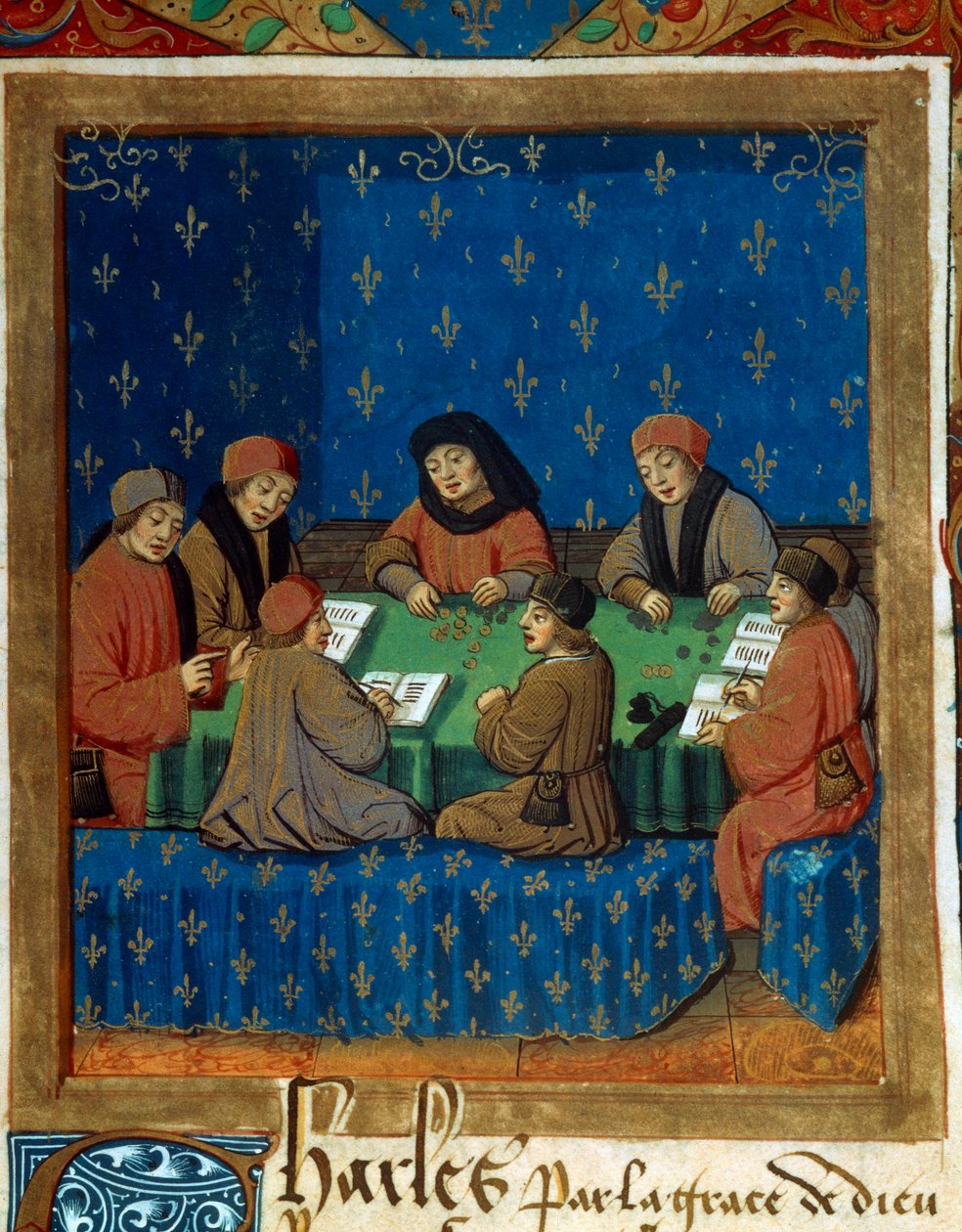 De tellers van de Koninklijke Schatkist Miniatuur uit een manuscript over zilver (waarschijnlijk De Moneta) door Nicolas Oresme (1320-1382) door Unknown artist