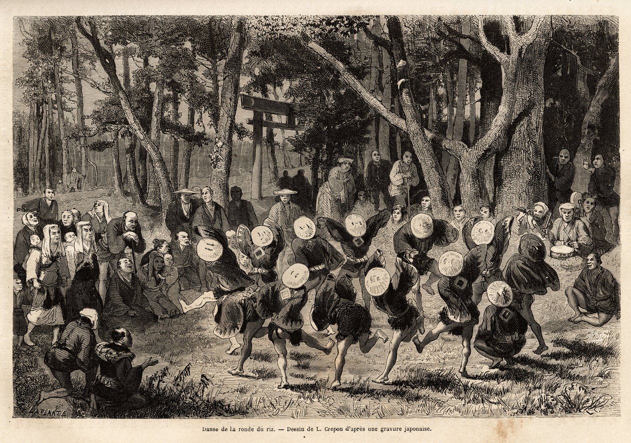 De dans van de rijstronde, die plaatsvindt in de 10e maand van het jaar, heeft betrekking op graangewassen. Gravure ter illustratie van de reis naar Japan, door Aime Humbert, minister van de Zwitserse Confederatie, in 1863-1864, gepubliceerd in 