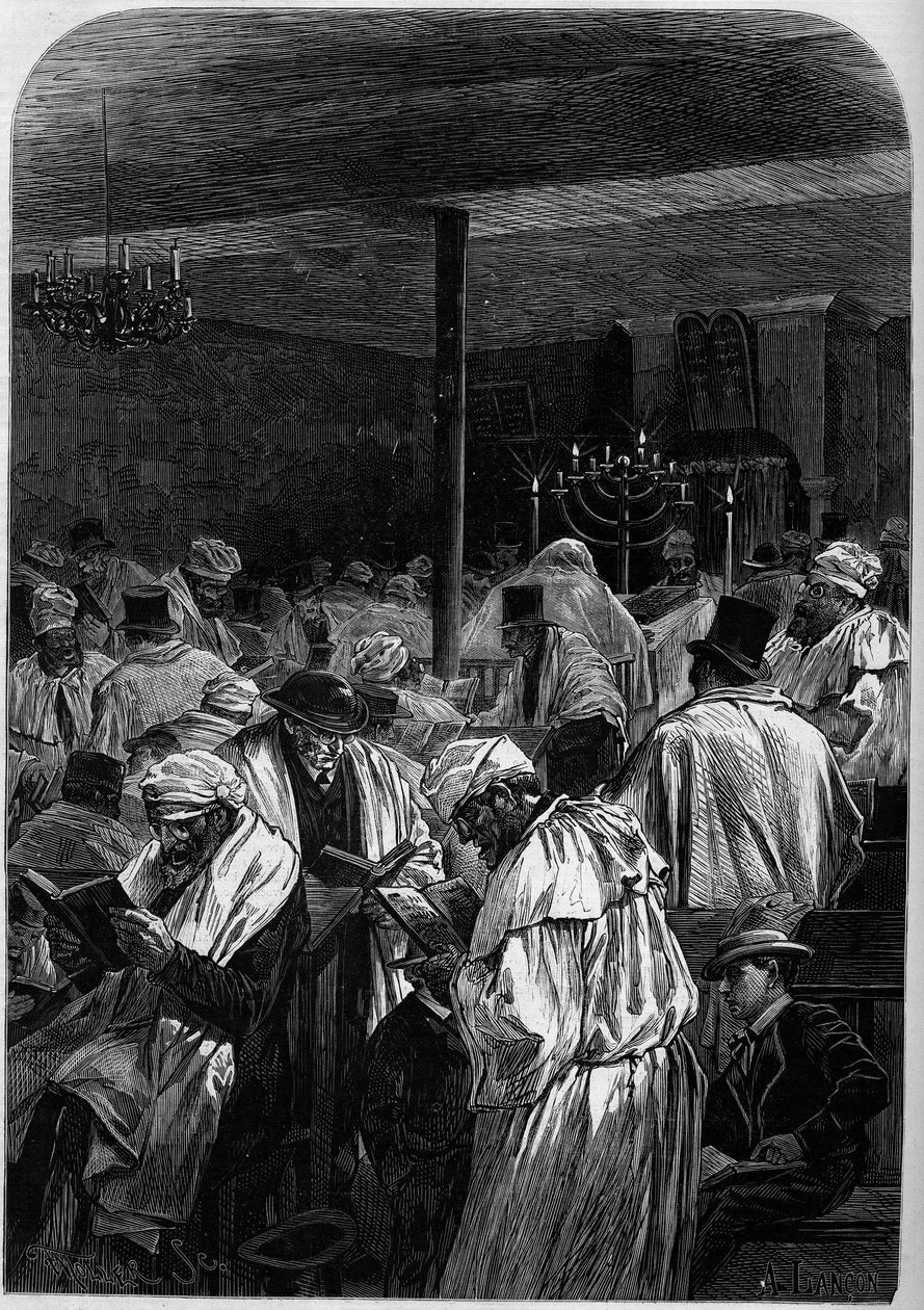 De dag van de grote vergeving van de Joden of viering van Yom Kippur in een synagoge aan de rue Saint Louis en l