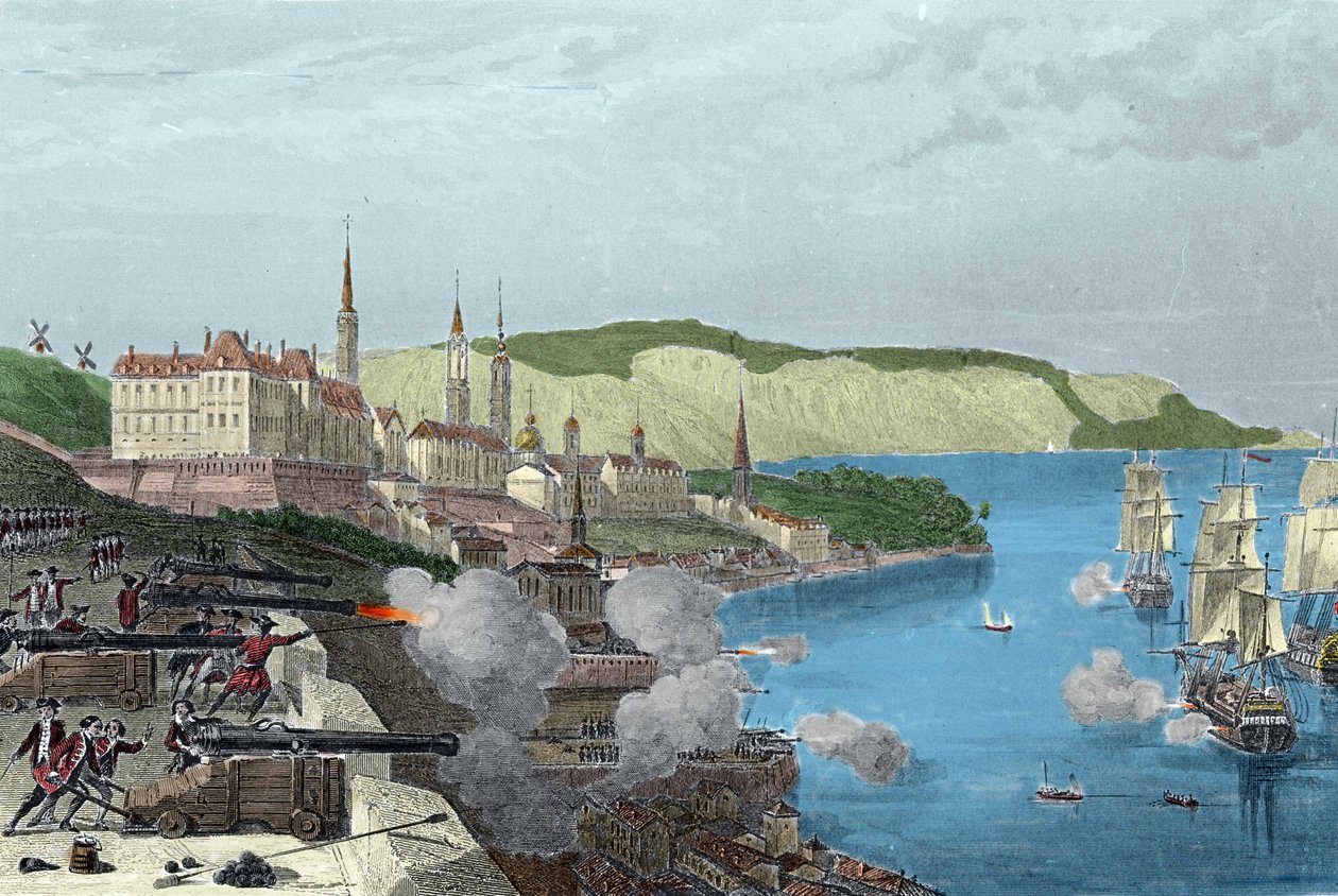 De verdediging van Quebec door graaf Louis de Buade, graaf van Frontenac (1622-1698) op 16/10/1690. Gekleurde gravure in 